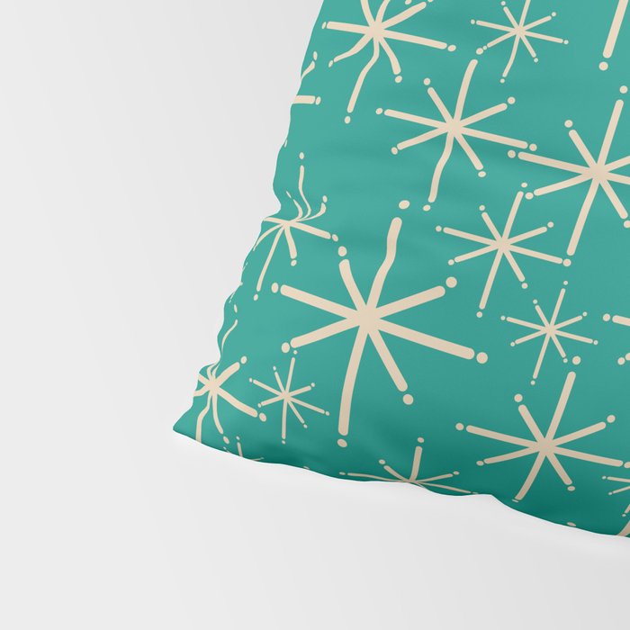 Stella - Retro Atomic Age Starbursts in Midcentury Modern Beige and Turquoise Teal Pillow Sham Gallery Image 4
