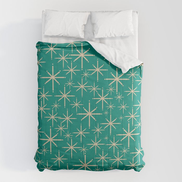 Stella - Retro Atomic Age Starbursts in Midcentury Modern Beige and Turquoise Teal Comforter Gallery Image 6