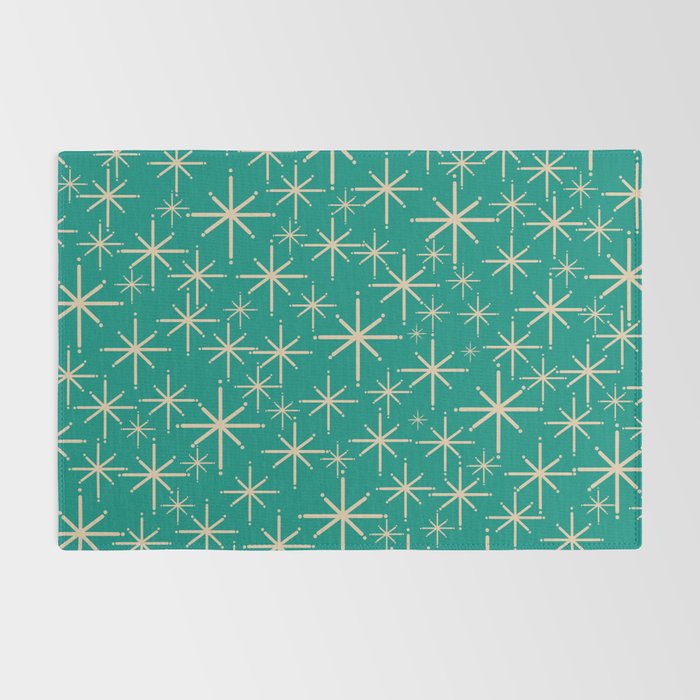 Stella - Retro Atomic Age Starbursts in Midcentury Modern Beige and Turquoise Teal Rug Gallery Image 2