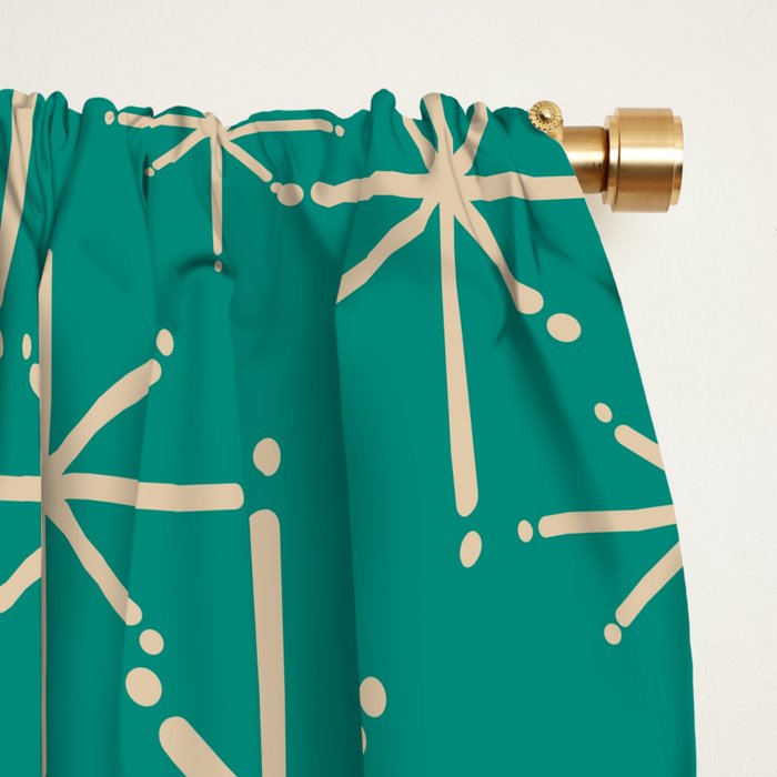 Stella - Retro Atomic Age Starbursts in Midcentury Modern Beige and Turquoise Teal Window Curtain Gallery Image 2
