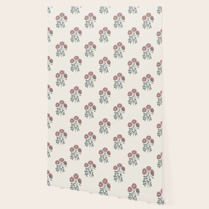 Vintage Sketched Block Print Floral - Green Raspberry Wallpaper Gallery Image 2