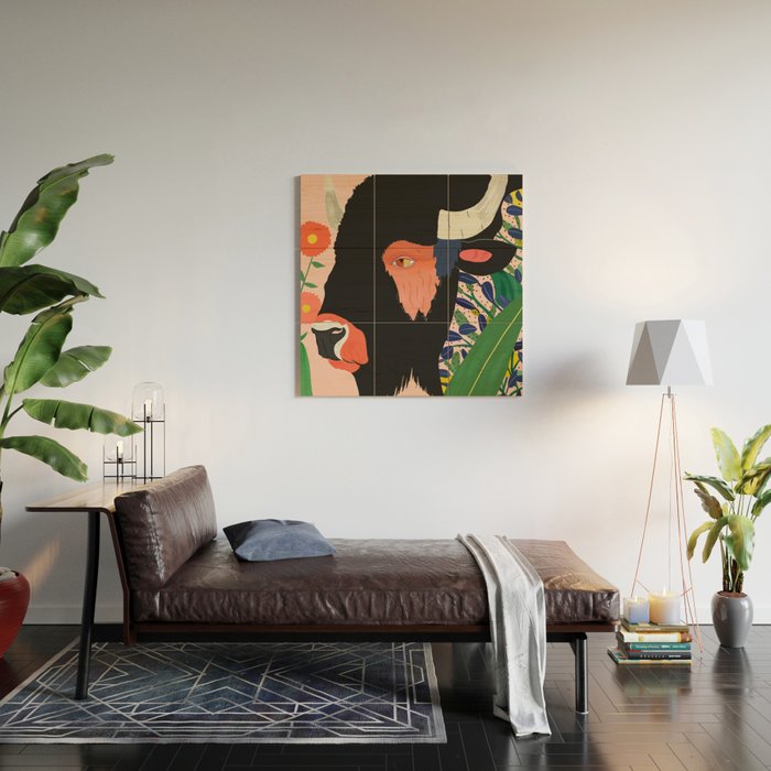 Floral Bison Wood Wall Art Gallery Image 2