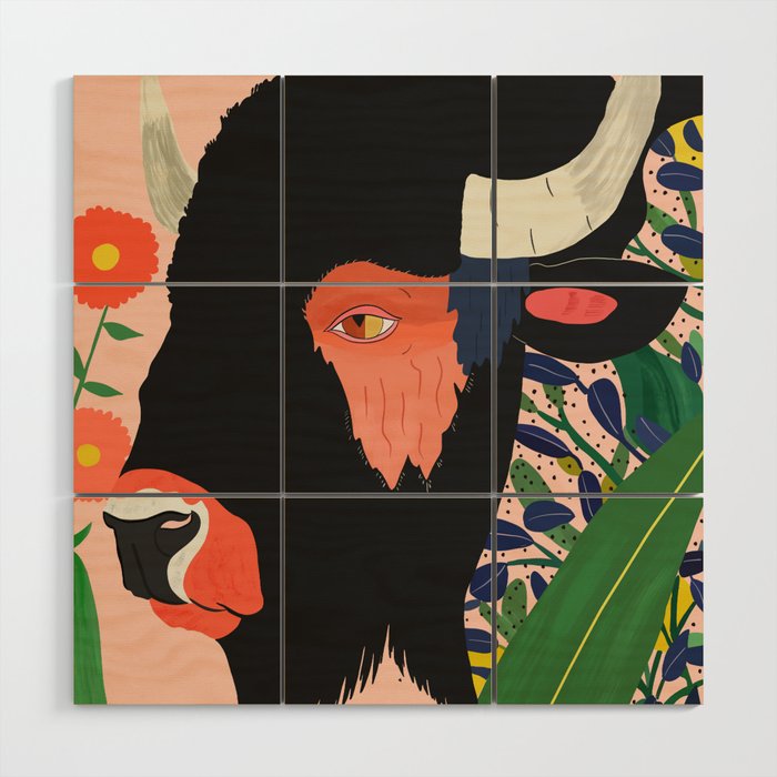 Floral Bison Wood Wall Art Gallery Image 1