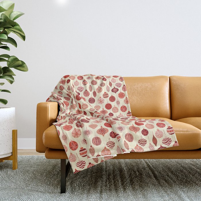 Christmas Ornaments Red Pink Beige Pattern Throw Blanket Gallery Image 1