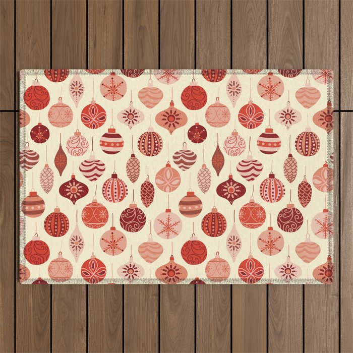 Christmas Ornaments Red Pink Beige Pattern Outdoor Rug Gallery Image 1