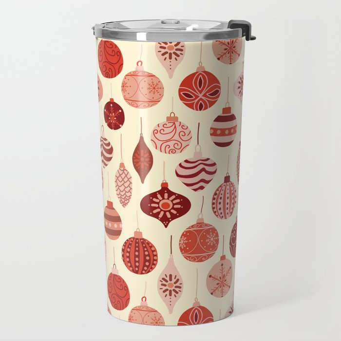 Christmas Ornaments Red Pink Beige Pattern Travel Mug Gallery Image 2