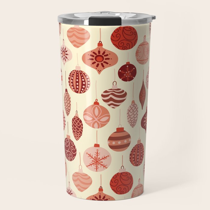Christmas Ornaments Red Pink Beige Pattern Travel Mug Gallery Image 1