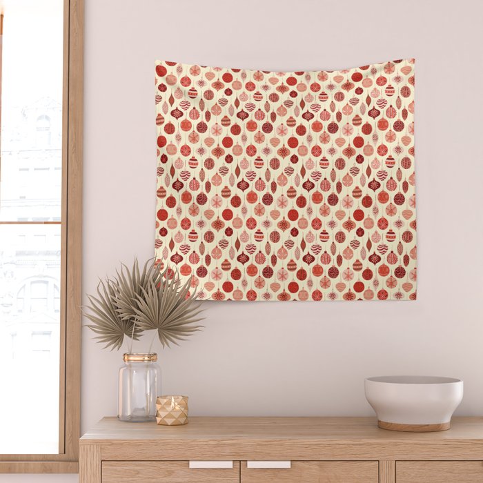 Christmas Ornaments Red Pink Beige Pattern Wall Tapestry Gallery Image 2
