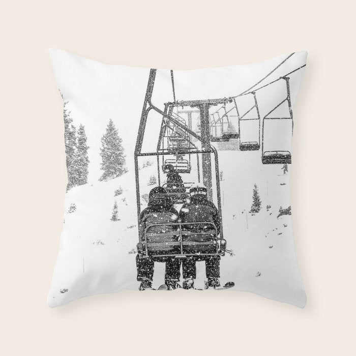 Snow Lift // Ski Chair Lift Colorado Mountains Black and White Snowboarding Vibes Photography Throw Pillow Gallery Image 1