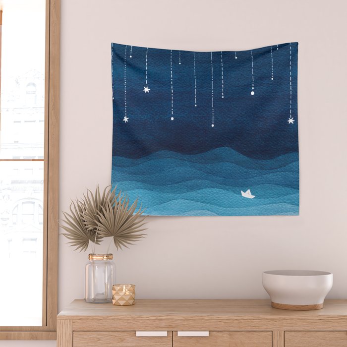 Falling stars, blue, sailboat, ocean Wall Tapestry Gallery Image 2