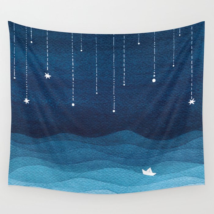 Falling stars, blue, sailboat, ocean Wall Tapestry Gallery Image 1