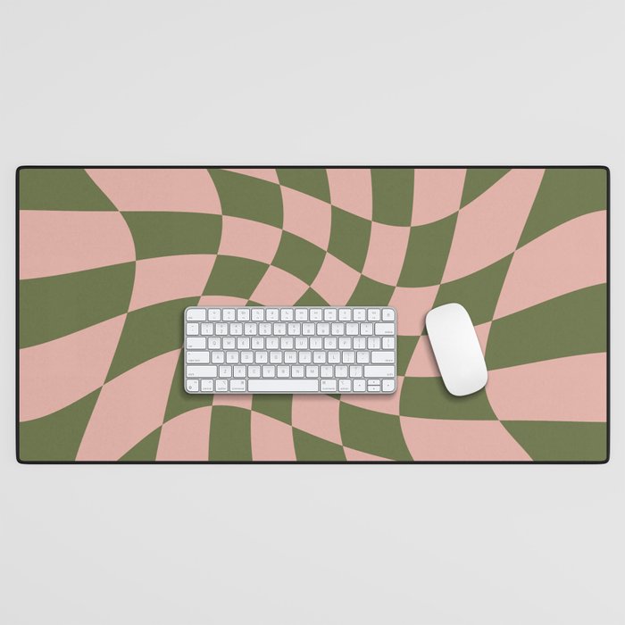 Wavy Check - Green And Peach - Checkerboard Pattern Print Desk Mat Gallery Image 1