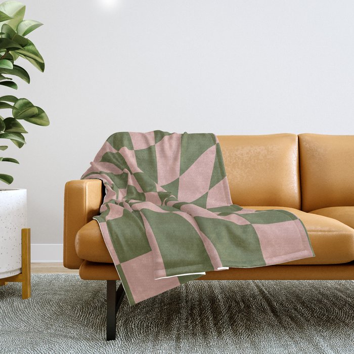 Wavy Check - Green And Peach - Checkerboard Pattern Print Throw Blanket Gallery Image 1