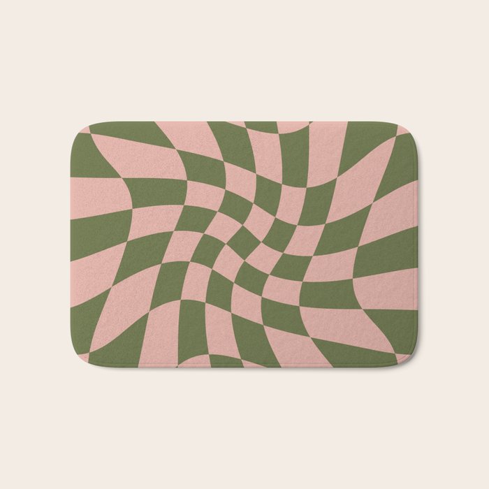 Wavy Check - Green And Peach - Checkerboard Pattern Print Bath Mat Gallery Image 1