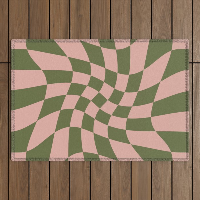 Wavy Check - Green And Peach - Checkerboard Pattern Print Outdoor Rug Gallery Image 1