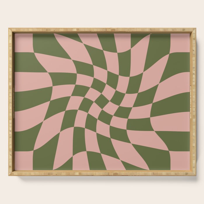 Wavy Check - Green And Peach - Checkerboard Pattern Print Serving Tray Gallery Image 1