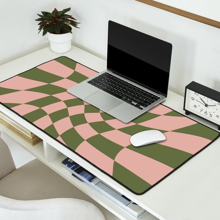 Wavy Check - Green And Peach - Checkerboard Pattern Print Desk Mat Gallery Image 2