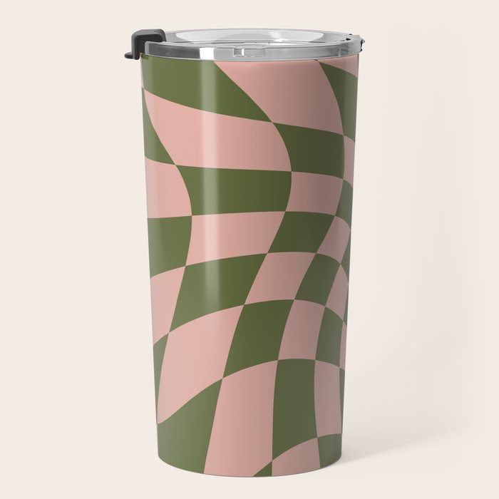 Wavy Check - Green And Peach - Checkerboard Pattern Print Travel Mug Gallery Image 3