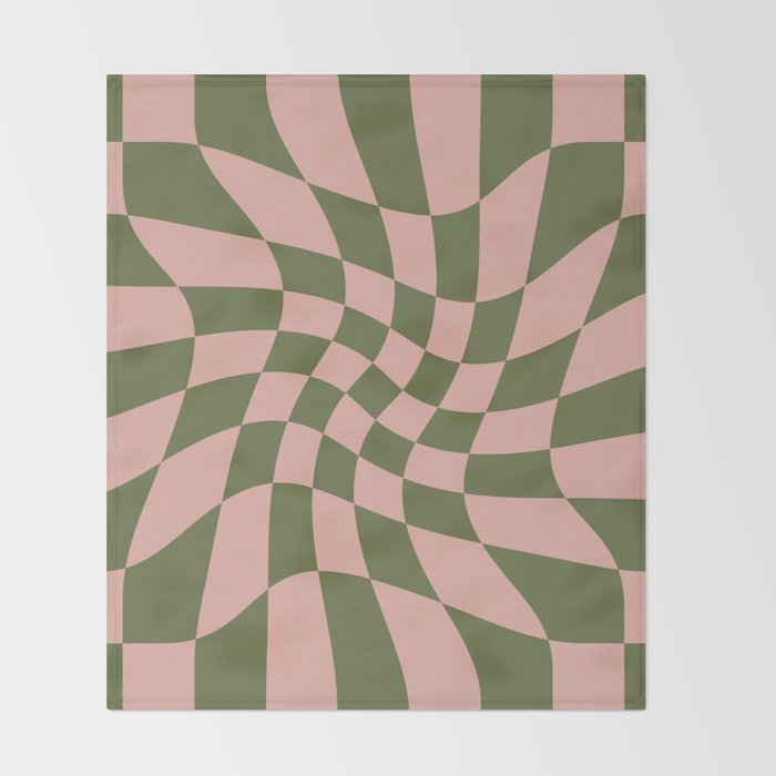 Wavy Check - Green And Peach - Checkerboard Pattern Print Throw Blanket Gallery Image 2