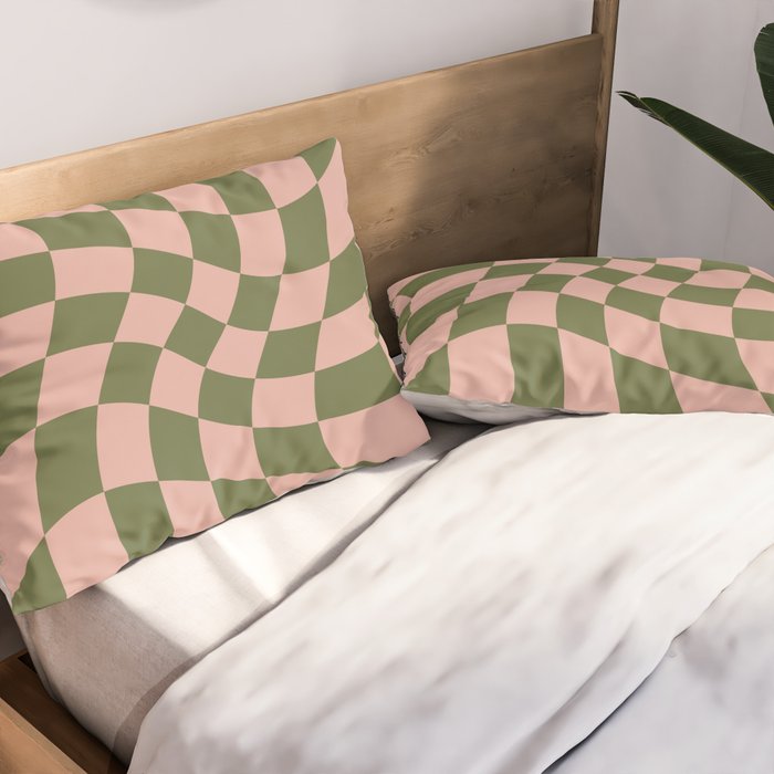Wavy Check - Green And Peach - Checkerboard Pattern Print Pillow Sham Gallery Image 2