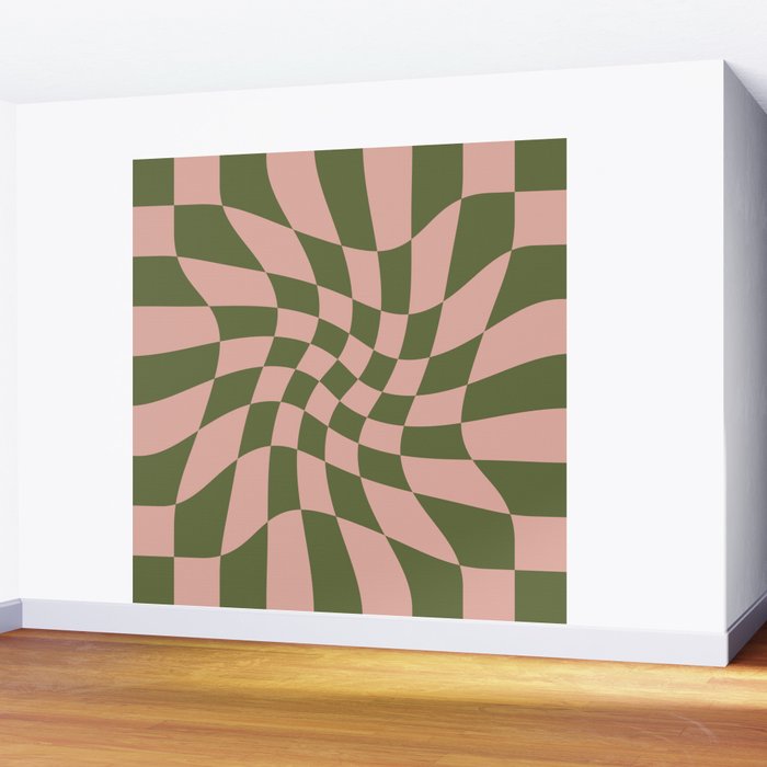 Wavy Check - Green And Peach - Checkerboard Pattern Print Wall Mural Gallery Image 2