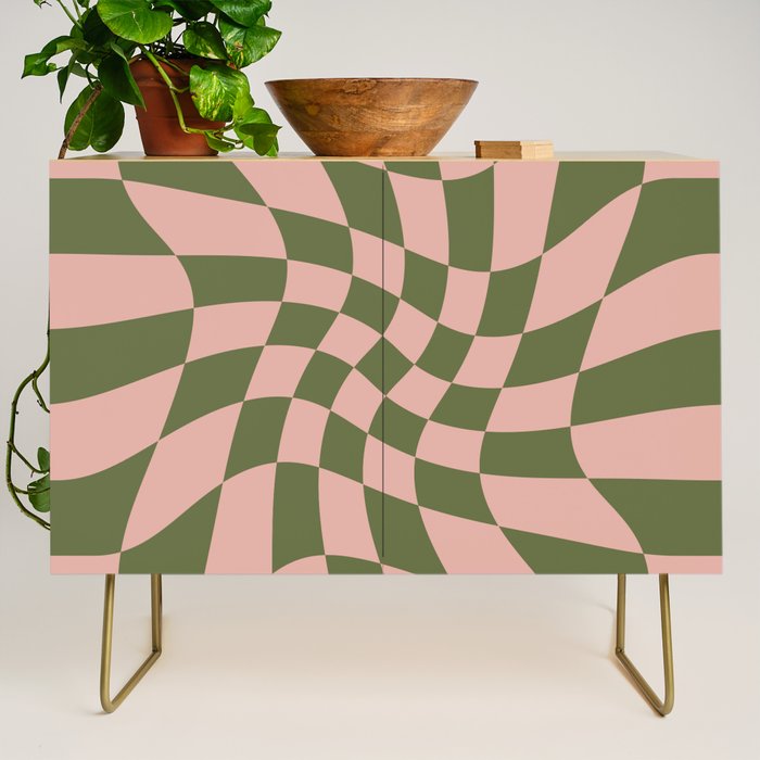 Wavy Check - Green And Peach - Checkerboard Pattern Print Credenza Gallery Image 1
