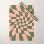 Wavy Check - Green And Peach - Checkerboard Pattern Print Wrapping Paper Gallery Image 1