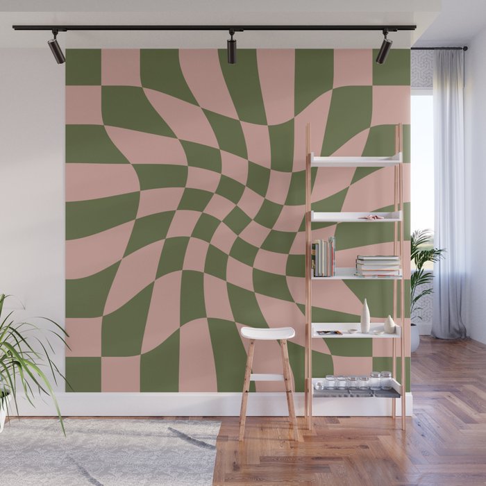 Wavy Check - Green And Peach - Checkerboard Pattern Print Wall Mural Gallery Image 1