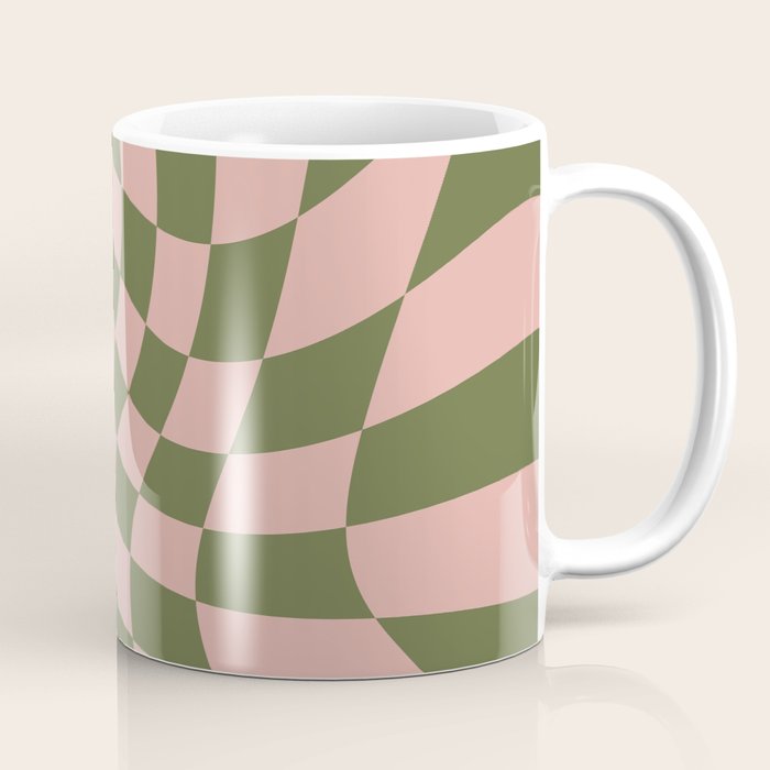 Wavy Check - Green And Peach - Checkerboard Pattern Print Coffee Mug Gallery Image 1