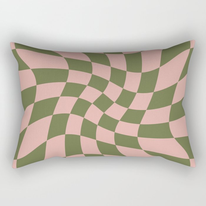 Wavy Check - Green And Peach - Checkerboard Pattern Print Rectangular Pillow Gallery Image 1