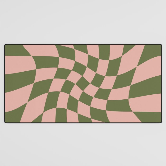 Wavy Check - Green And Peach - Checkerboard Pattern Print Desk Mat Gallery Image 3