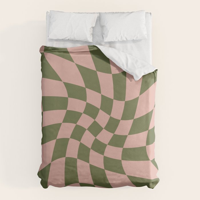 Wavy Check - Green And Peach - Checkerboard Pattern Print Duvet Cover Gallery Image 1