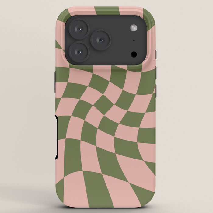Wavy Check - Green And Peach - Checkerboard Pattern Print iPhone Case Gallery Image 7