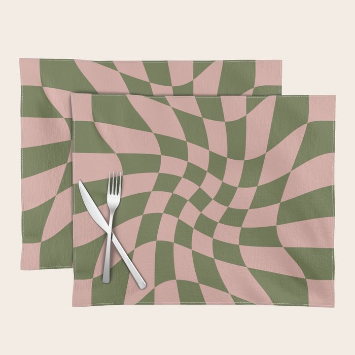 Wavy Check - Green And Peach - Checkerboard Pattern Print Placemat Gallery Image 1
