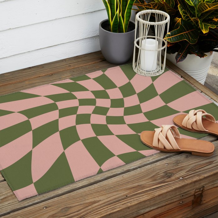 Wavy Check - Green And Peach - Checkerboard Pattern Print Outdoor Rug Gallery Image 2