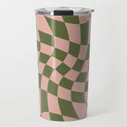 Wavy Check - Green And Peach - Checkerboard Pattern Print Travel Mug Gallery Image 1