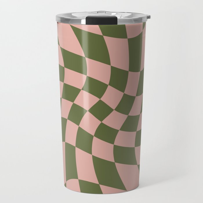 Wavy Check - Green And Peach - Checkerboard Pattern Print Travel Mug Gallery Image 1