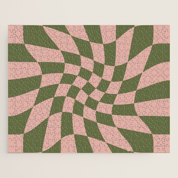 Wavy Check - Green And Peach - Checkerboard Pattern Print Jigsaw Puzzle Gallery Image 1