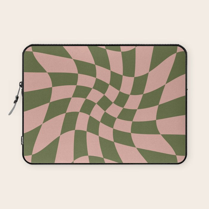 Wavy Check - Green And Peach - Checkerboard Pattern Print Laptop Sleeve Gallery Image 1