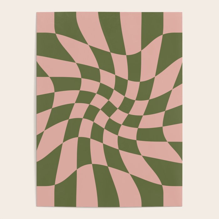 Wavy Check - Green And Peach - Checkerboard Pattern Print Poster Gallery Image 1