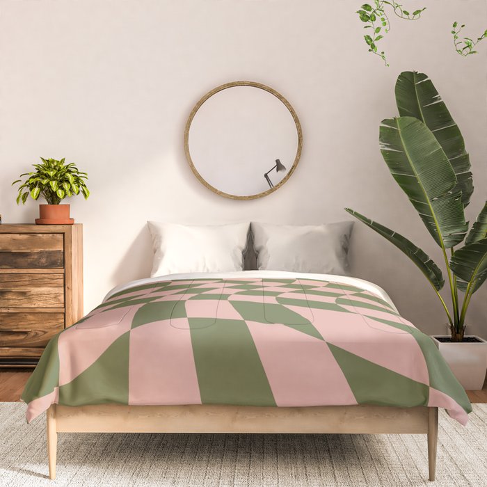 Wavy Check - Green And Peach - Checkerboard Pattern Print Comforter Gallery Image 3