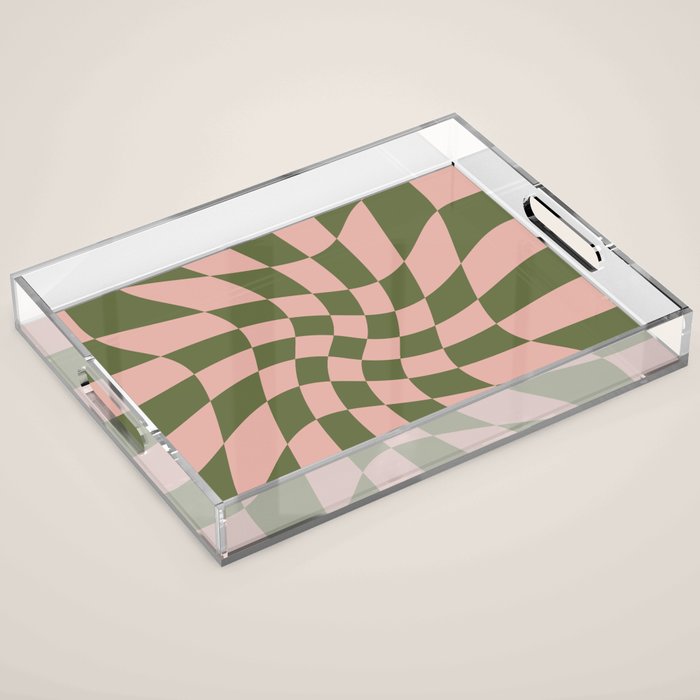 Wavy Check - Green And Peach - Checkerboard Pattern Print Acrylic Tray Gallery Image 1