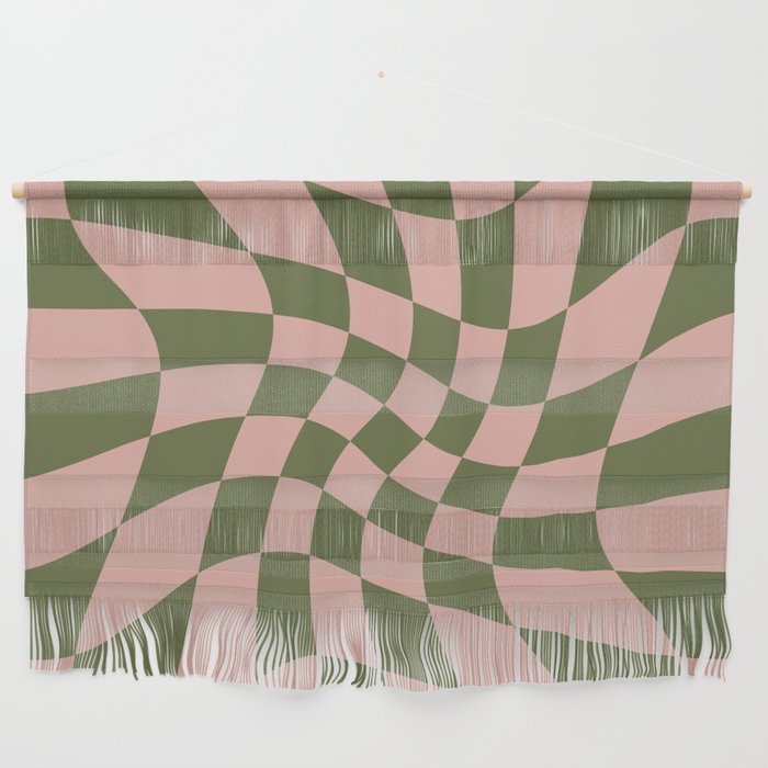 Wavy Check - Green And Peach - Checkerboard Pattern Print Wall Hanging Gallery Image 1