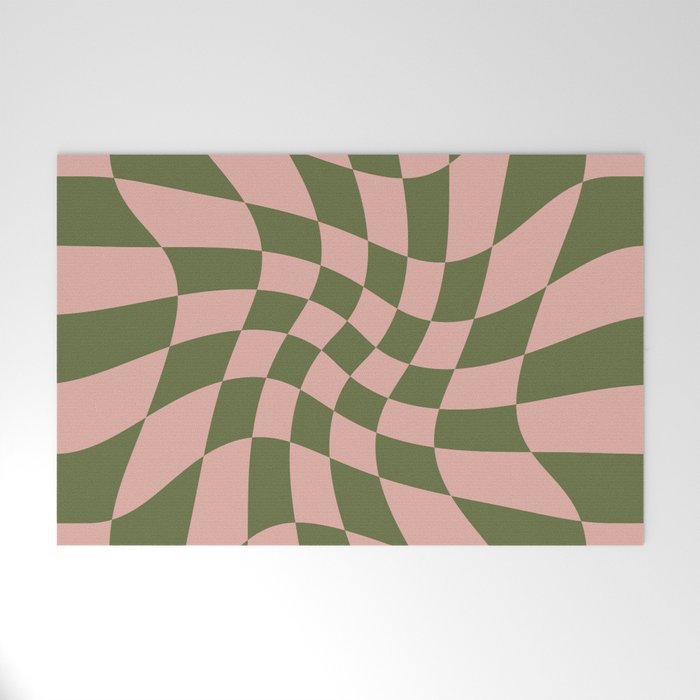 Wavy Check - Green And Peach - Checkerboard Pattern Print Welcome Mat Gallery Image 1