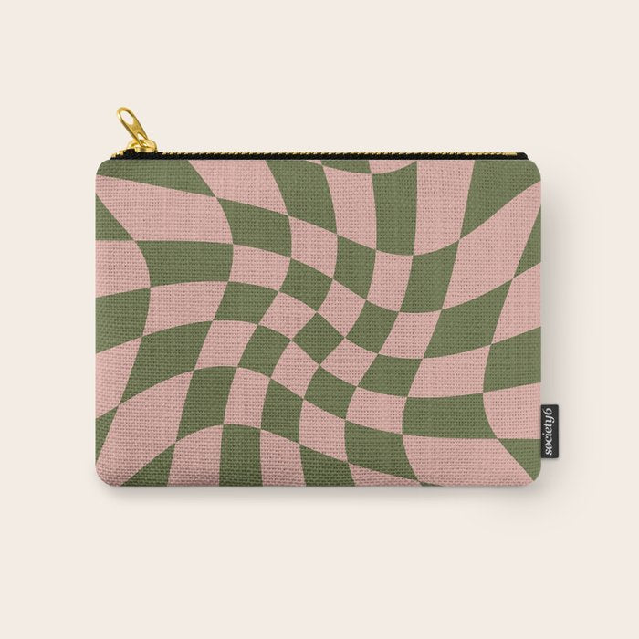 Wavy Check - Green And Peach - Checkerboard Pattern Print Carry All Pouch Gallery Image 1