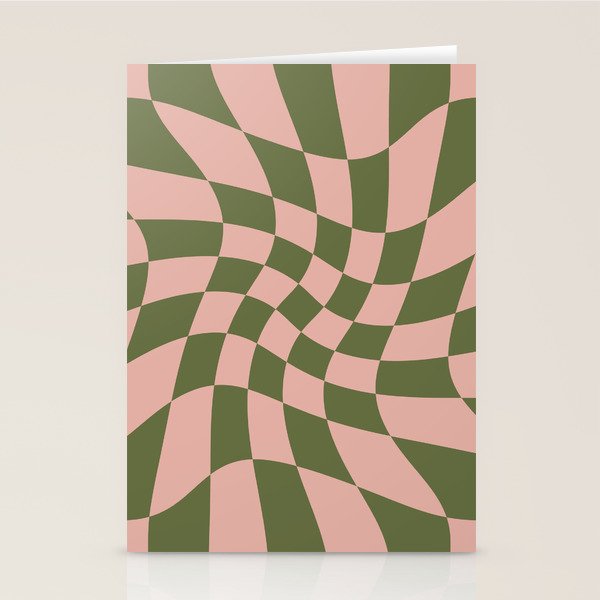 Wavy Check - Green And Peach - Checkerboard Pattern Print Stationery Card Gallery Image 2