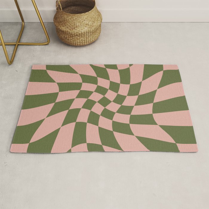 Wavy Check - Green And Peach - Checkerboard Pattern Print Rug Gallery Image 1