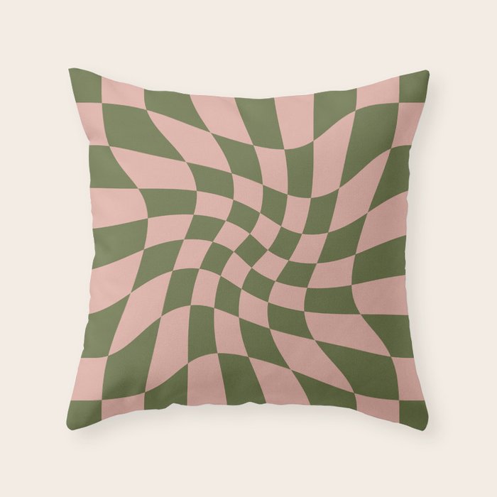 Wavy Check - Green And Peach - Checkerboard Pattern Print Throw Pillow Gallery Image 6