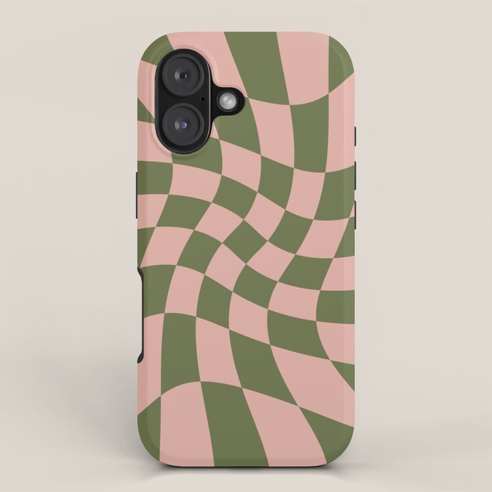 Wavy Check - Green And Peach - Checkerboard Pattern Print iPhone Case Gallery Image 1
