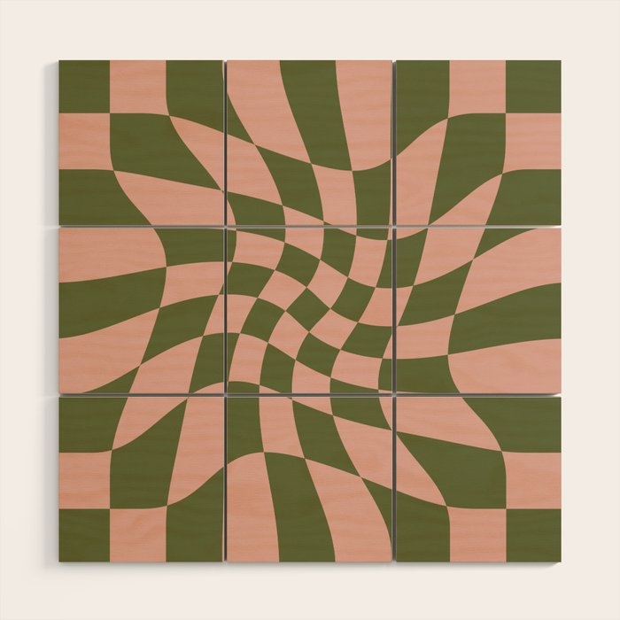Wavy Check - Green And Peach - Checkerboard Pattern Print Wood Wall Art Gallery Image 1